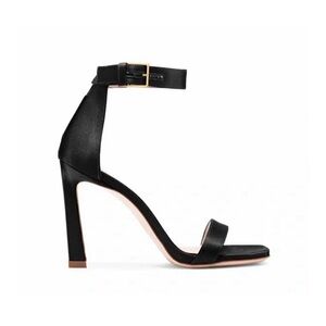 STUART WEITZMAN Black Silk Satin Square Nudist High Heel Sandal